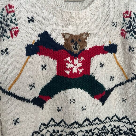 Vintage 1990s Marsh Landing Hand Knit Chunky Intarsia Skiing Bear Sweater Sz Med - Picture 3 of 7